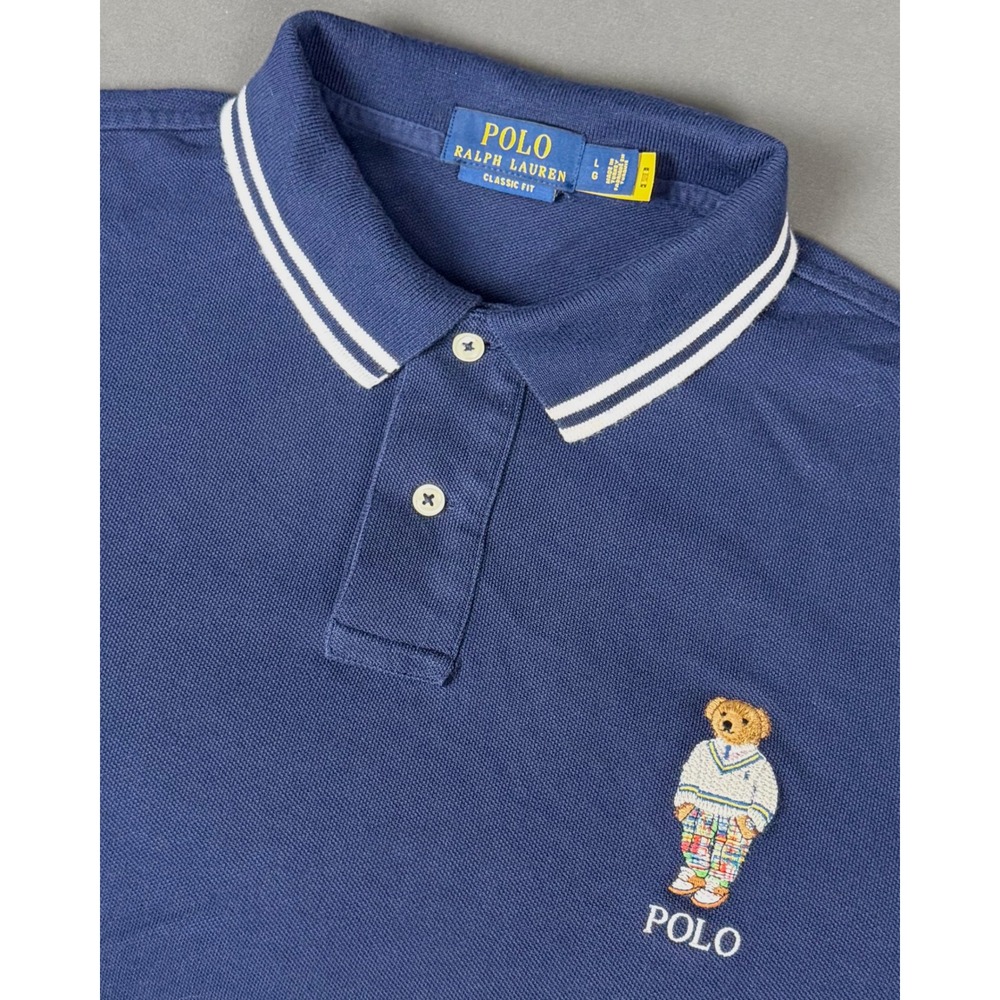 Polo Ralph Lauren Polo Shirt Mens L Blue Cricket Bear Tipped Collar Classic Fit